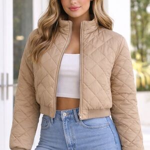 Khaki Quilted Puffer Jacket Women’s Large Cropped Zip Up Coat